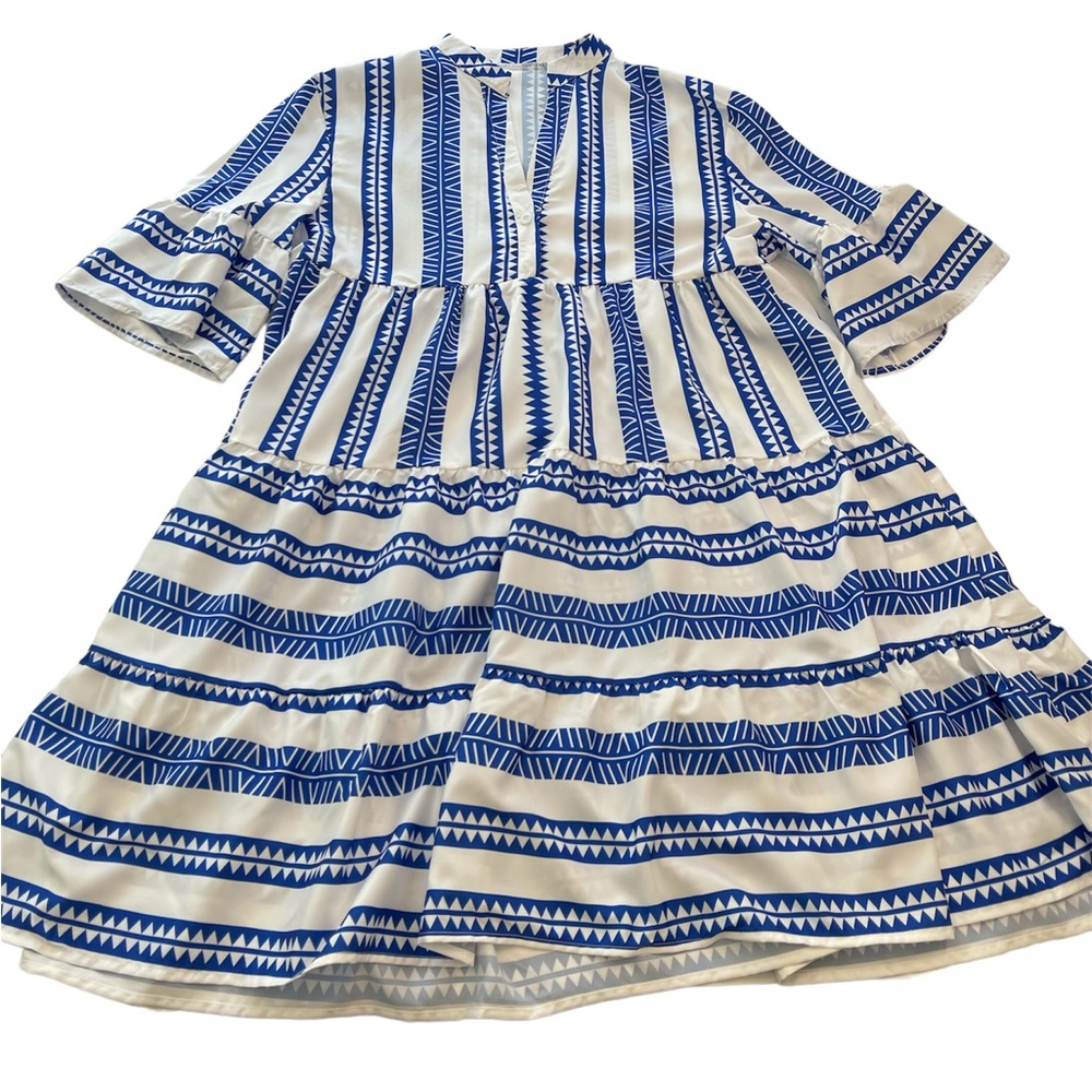 Geometric V-Neck Striped Baby Doll Mini Dress Blue & White Women’s Size Large - Picture 5 of 14